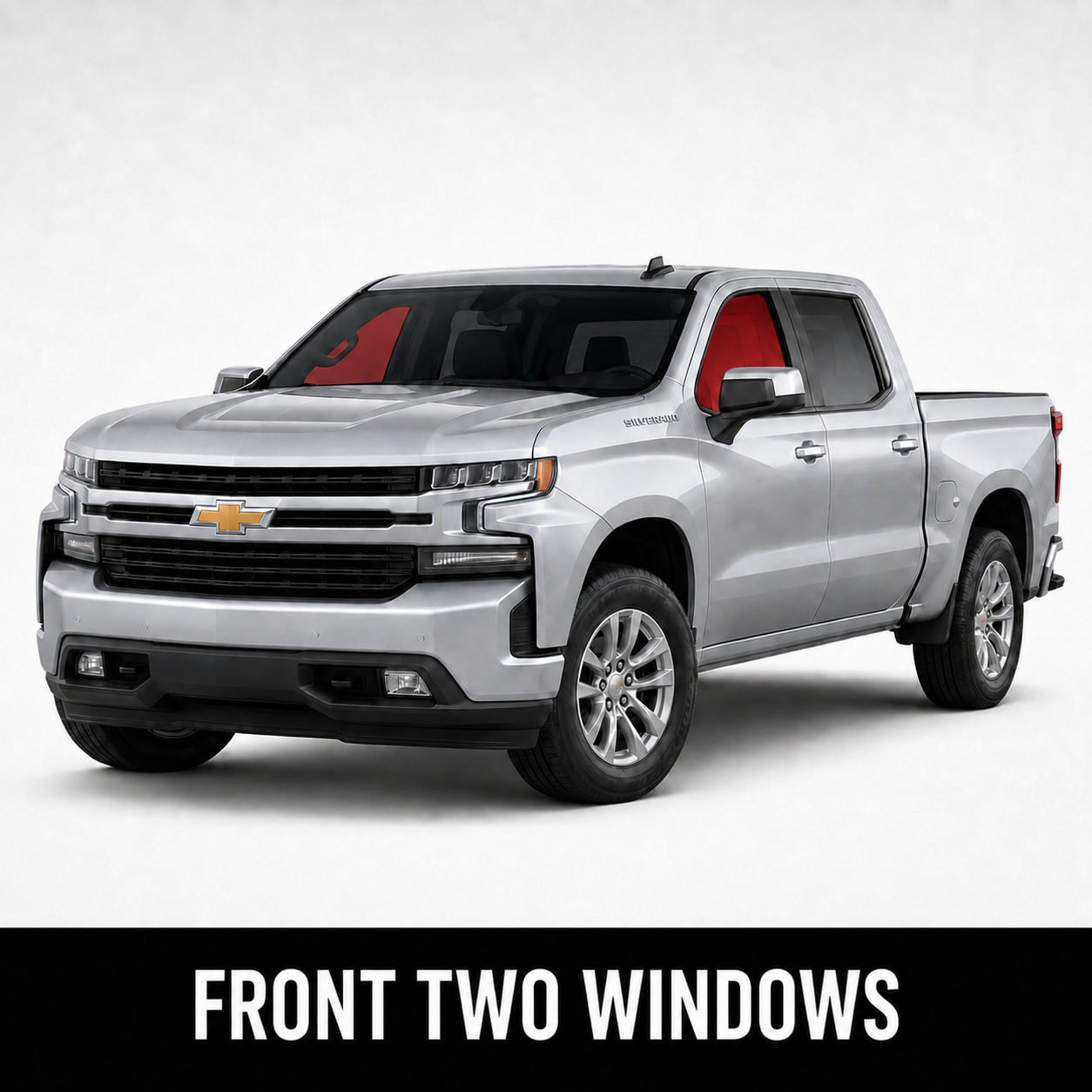 Truck diagram highlighting the two front door windows for tinting
