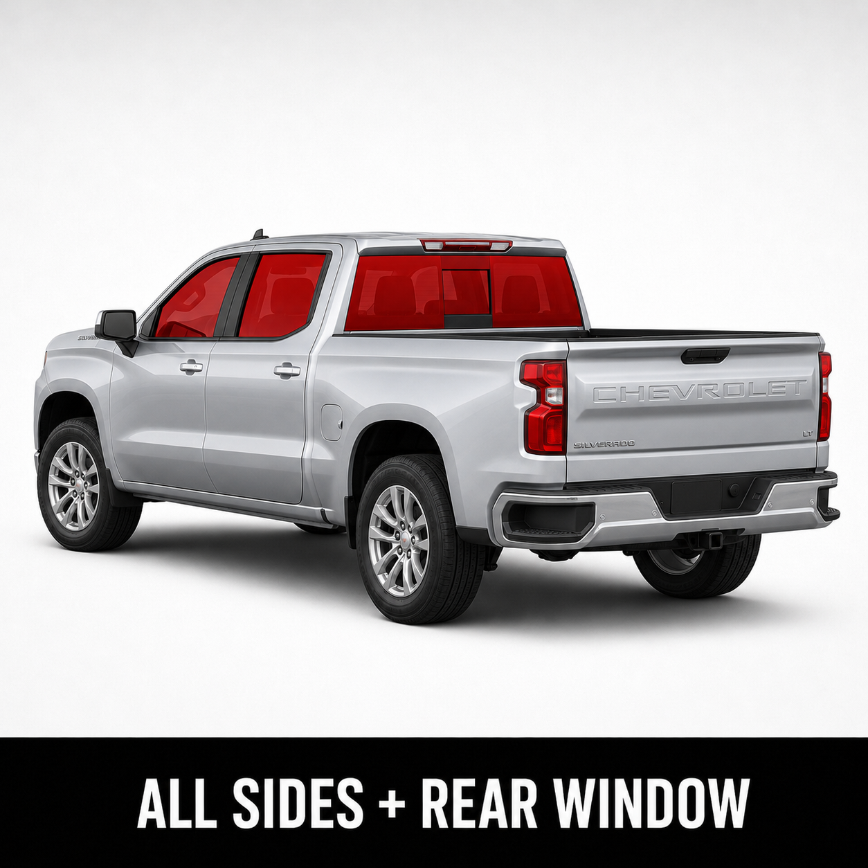 Truck diagram highlighting all side windows and the rear window for tinting