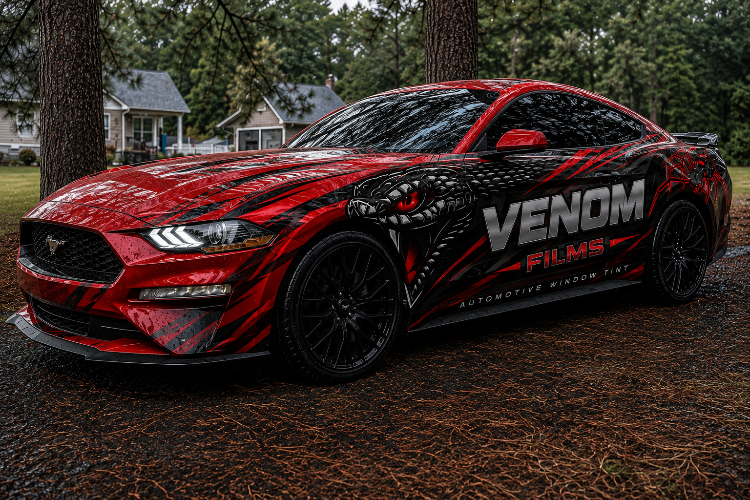 Red Ford Mustang wrapped with Venom Films branding parked in a Delaware neighborhood
